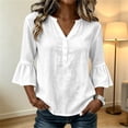 thumbnail image 6 of hoksml Women's V Neck Partial Button 3/4 Bell Sleeve Blouse, Curved Hem Linen Texture Casual Tunic Top for Office Daily Wear, 6 of 8