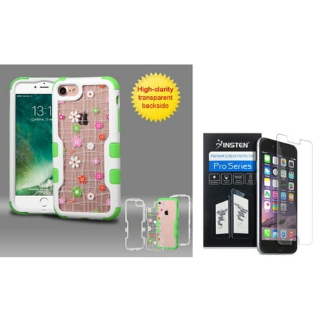 Insten for iPhone 7 - Clear Screen Protector + Ivory White Frame+Transparent Tiny Blossom PC Back/Green TUFF Hybrid