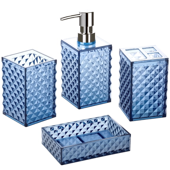 Findosom Bathroom Accessories Set 4 Piece, Plastic Bathroom Set with Soap Dispenser, Toothbrush Holder, Soap Dish & Tumbler Cup, Grid Pattern Bathroom Decor Set for Countertop Organization-Dark Blue