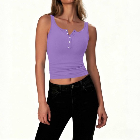 Womens Summer Ribbed Knitted Tank Tops Lightweight Slim Fitted Sleeveless Shirts Casual Soft Breathable Button up Blouse New Purple M