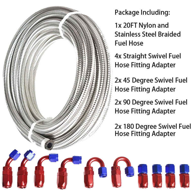 POSENG 20ft Braided Fuel Hose Line Kit With Swivel Fittings – Choose 6AN, 8AN, Or 10AN (10-Piece Fitting Set)