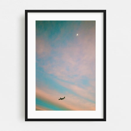 Flying Under the Moon - Vancouver Washington Photography Airplane Moon Sunset Minimalist Pastel Skyline Travel Poster Black Framed Wall Art Print 24 x 36 inches