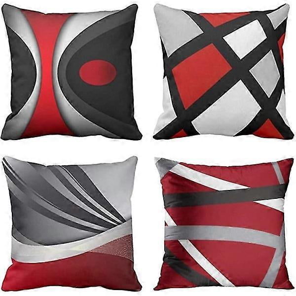 Set of 4 Pillowcases Modern Abstract Red Stripes Gray Black White Acrylic Bold Decorative Cushion Covers Home Decor 20x20 Inch