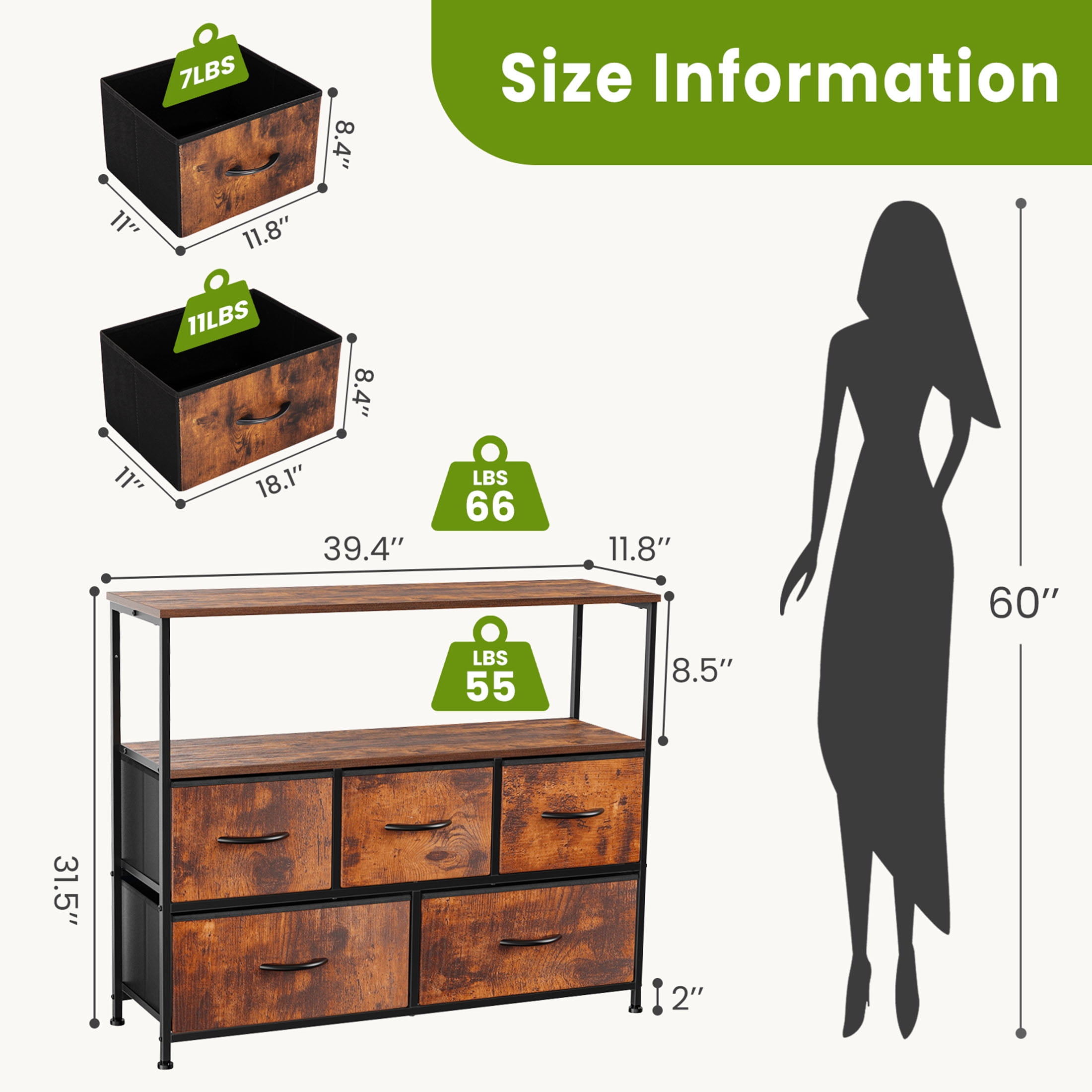 CONCETTA TV Stand with 5-Drawer Dresser for Bedroom, Living Room, Storage Cabinet with 55 inch TV Stand for Adult, Rust