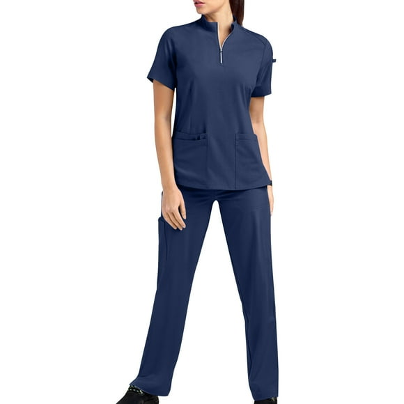 UPPADA Women's Solid Scrubs Set Jogger Suit Slim Stretch V Neck Scrub Shirts and Wide Leg Pants with Pockets for Nurse Uniform Easy Care Workwear Navy,L