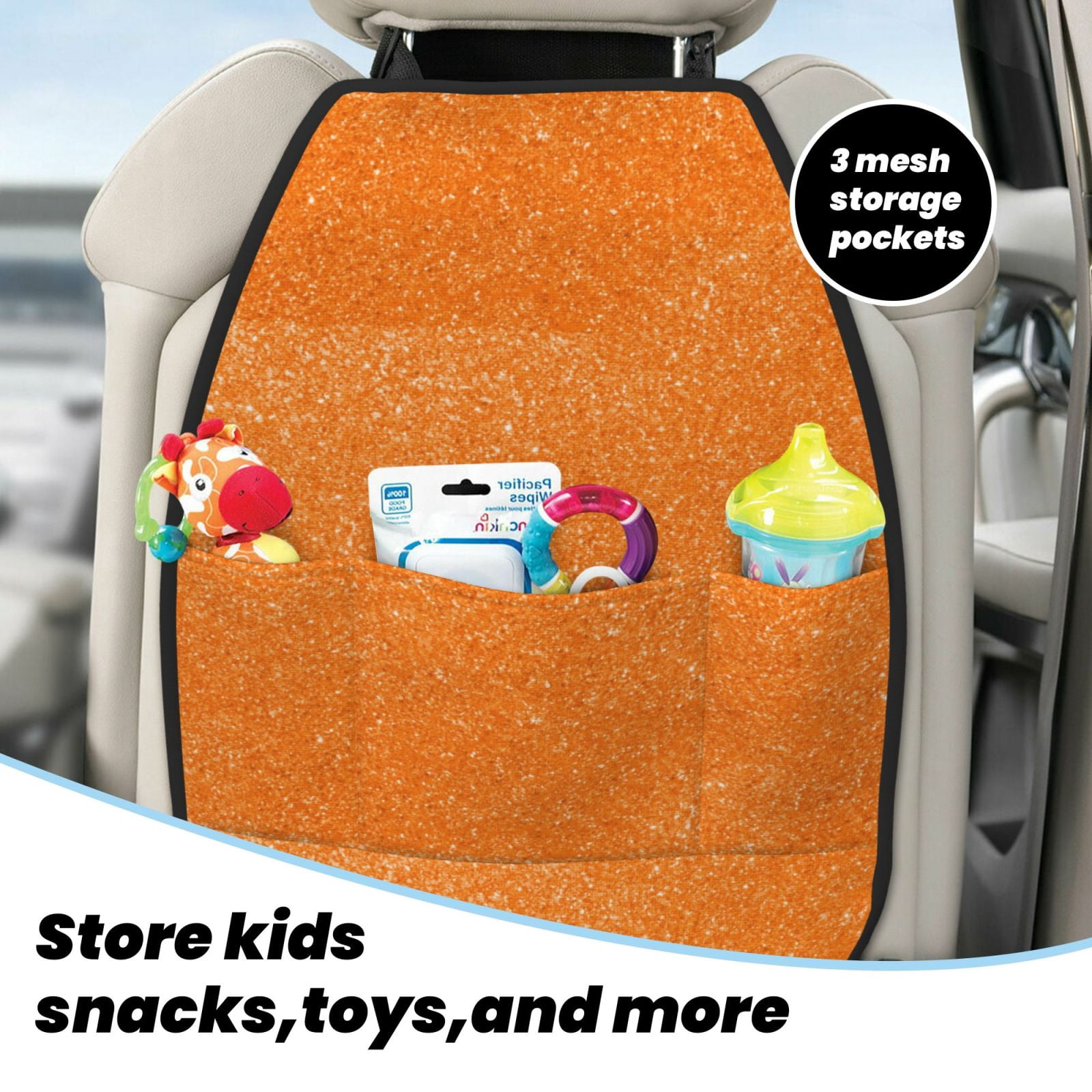 Xecao Orange Glitter2 Pattern Car Seat Back Protector 2 Pack Large Capacity Pocket, Kick Mats Back Seat Protector