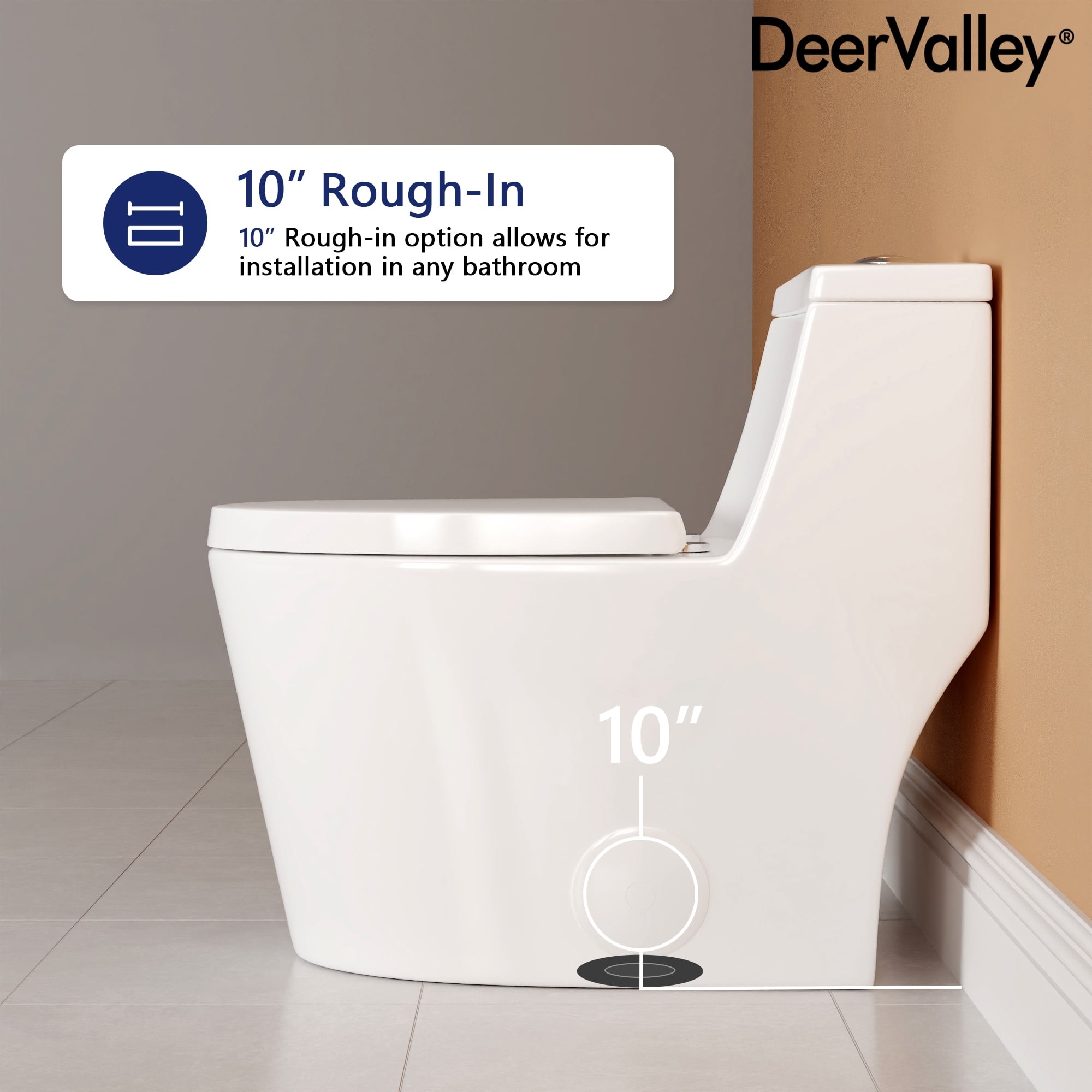 DeerValley 10 in. Rough In One Piece Toilet, Elongated Dual Flush Toilet 1.1/1.6 GPF, Elongated Standard Height with Soft Close Seat, WaterSense, White Ceramic Toilet for Bathroom Remodel