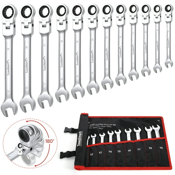 14 Pcs Wrench Set, Ratcheting Wrench Set, Metric Fixed Head Wrench Set, Metric 6-19mm, Cr-V Steel Ratchet Wrenches Set with Storage Bag for motorcycle/car/mechanical etc.