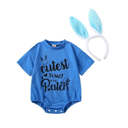 

JYYYBF Newborn Baby Girls Easter Outfit Letter Printed Short Sleeve Romper Summer Jumpsuits + Bunny Ears Headband Blue