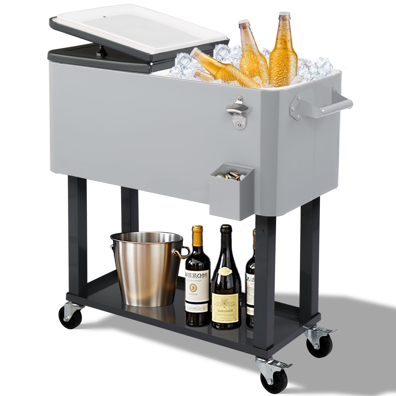 80QT Iron Spray Cooler with Shelf Square Foot, 2 Directional Wheels  Bottom Tray  430 Stainless Steel Handle & Bottle Opener Dual Warm & Cooling   LJH