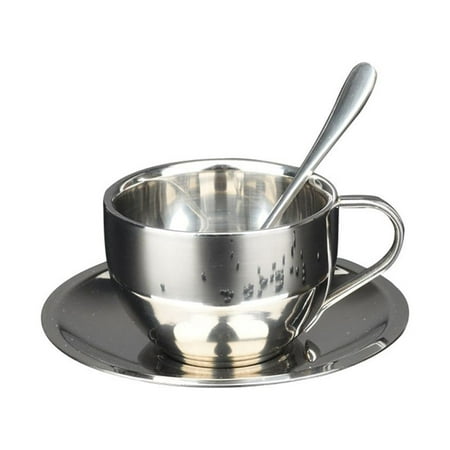

Double-deck Stainless Steel Coffee Mug Tea Cups Milk Mug with Saucer Mat Spoon
