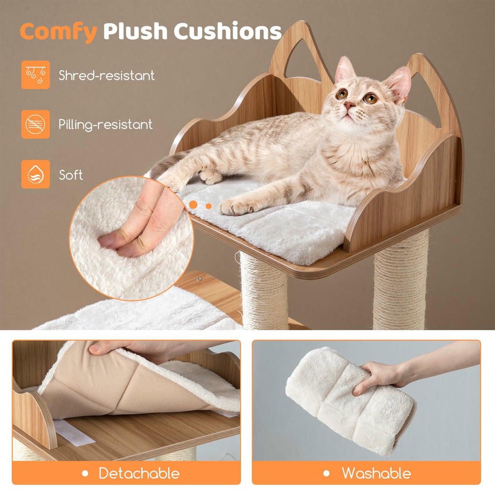 Resenkose 48-Inch Durable Wooden Cat Tree with 2-Floor Condo and Soft Washable Cushions for Kitten Comfort, Natural