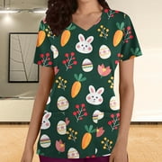 LSLJS Nursing Scrubs Top for Women Easter Egg Bunny Print Working Uniform Short Sleeve V Neck Workwear Blouse T-shirt with Pockets