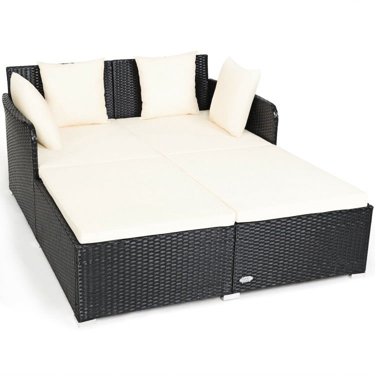 Veryke Outdoor Patio Wicker Daybed Double Chaise Lounge with Cushion, Recliner Chair for Patio Furniture - Beige