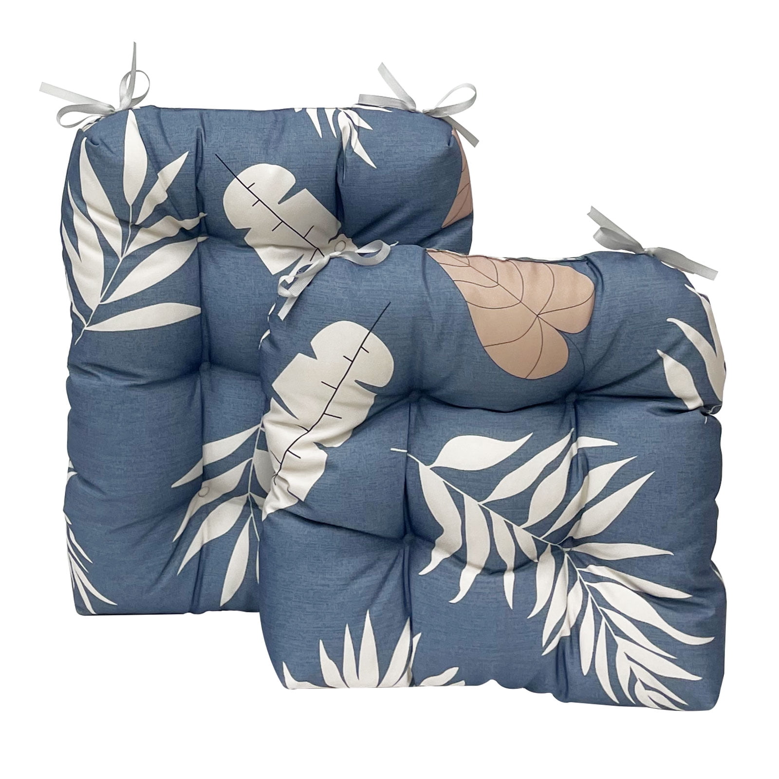 TOPCHANCES Indoor/Outdoor Rocking Chair Cushions Set, 2 Piece Tufted Comfortable Cushions for Rocking Chairs with Non-Slip Ties, Blue & Leaves