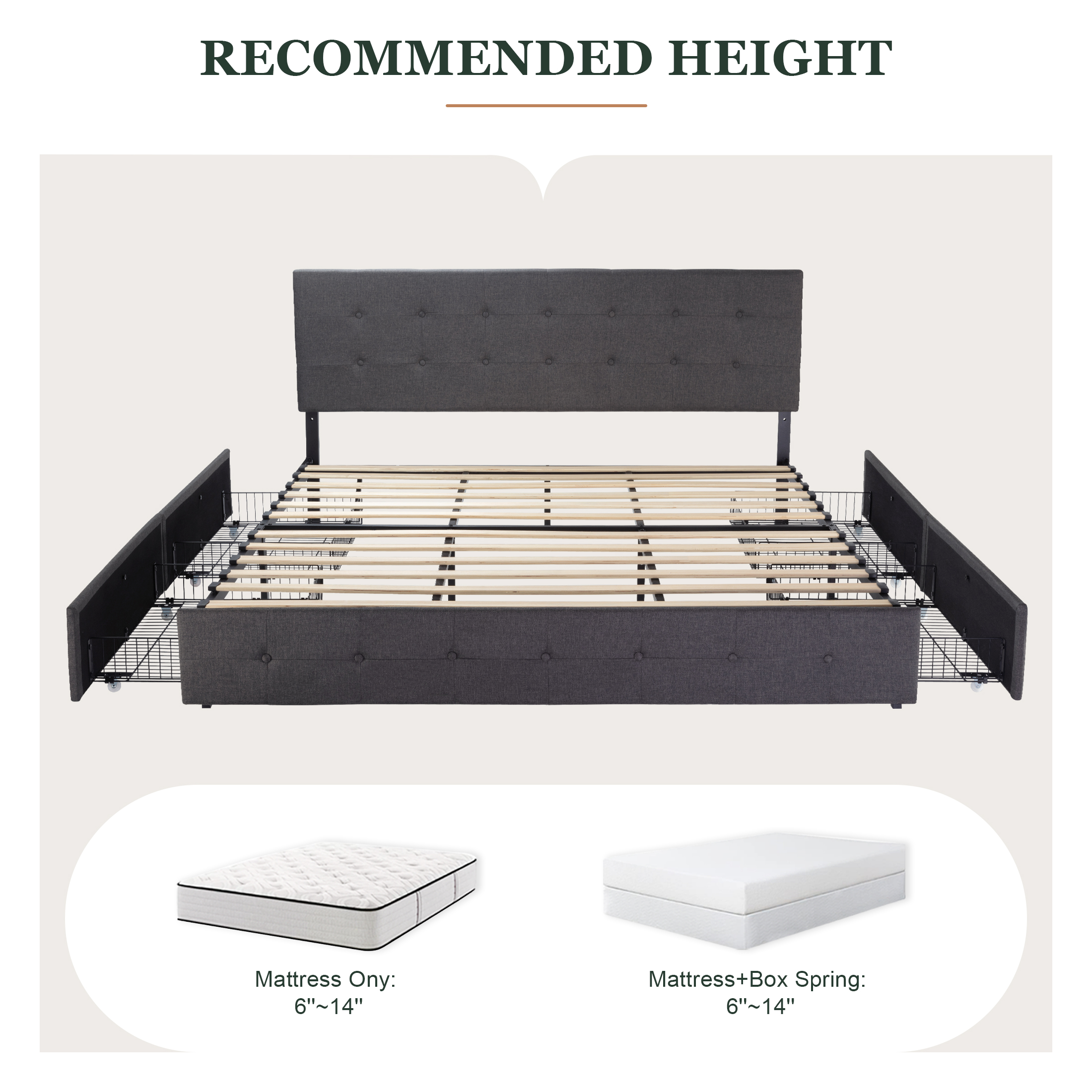 Amolife King Size Platform Bed Frame with Square-stitched Headboard and 4 Drawers, Dark Gray