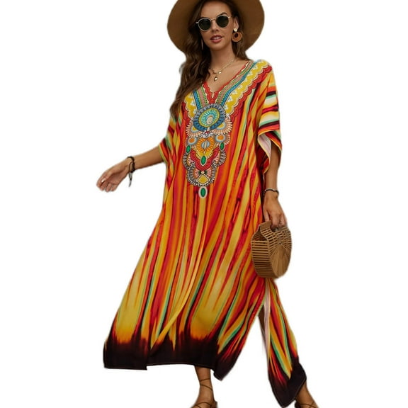 EDOLYNSA Kaftan Dresses for Women Long Printed Maxi Caftan Dress Swimsuit Cover up Resort Wear