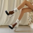 thumbnail image 3 of Womens Platform Mid Calf Leather Combat Boots Block High Heel Round Toe Waterproof Ankle Booties Lace Up Classic Motocycle Boots White Size 7, 3 of 6