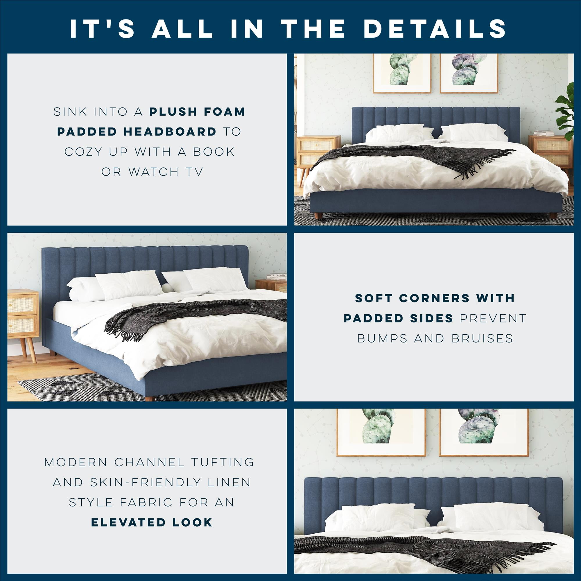 Novogratz Brittany Tufted Upholstered Bed Frame, King, Blue Linen