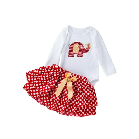 

AMILIEe Kids Baby Girls Long Sleeve Rabbit/ Elephant Print Sweatshirt Rompers Short Dot Print Half Dress