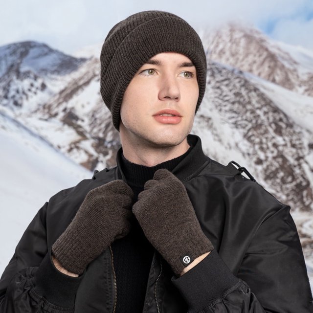 Conjunto de gorro y guantes de punto para hombre, de color liso, suaves, gruesos y resistentes al desgaste, cálidos, para invierno