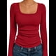 thumbnail image 3 of Camisas de Larga para Mujer, Blusas de Cuello Cuadrado, Blusas Básicas de Punto Acanalado, Conjuntos de Otoño, Ropa de Moda Rojo XXL, 3 of 8