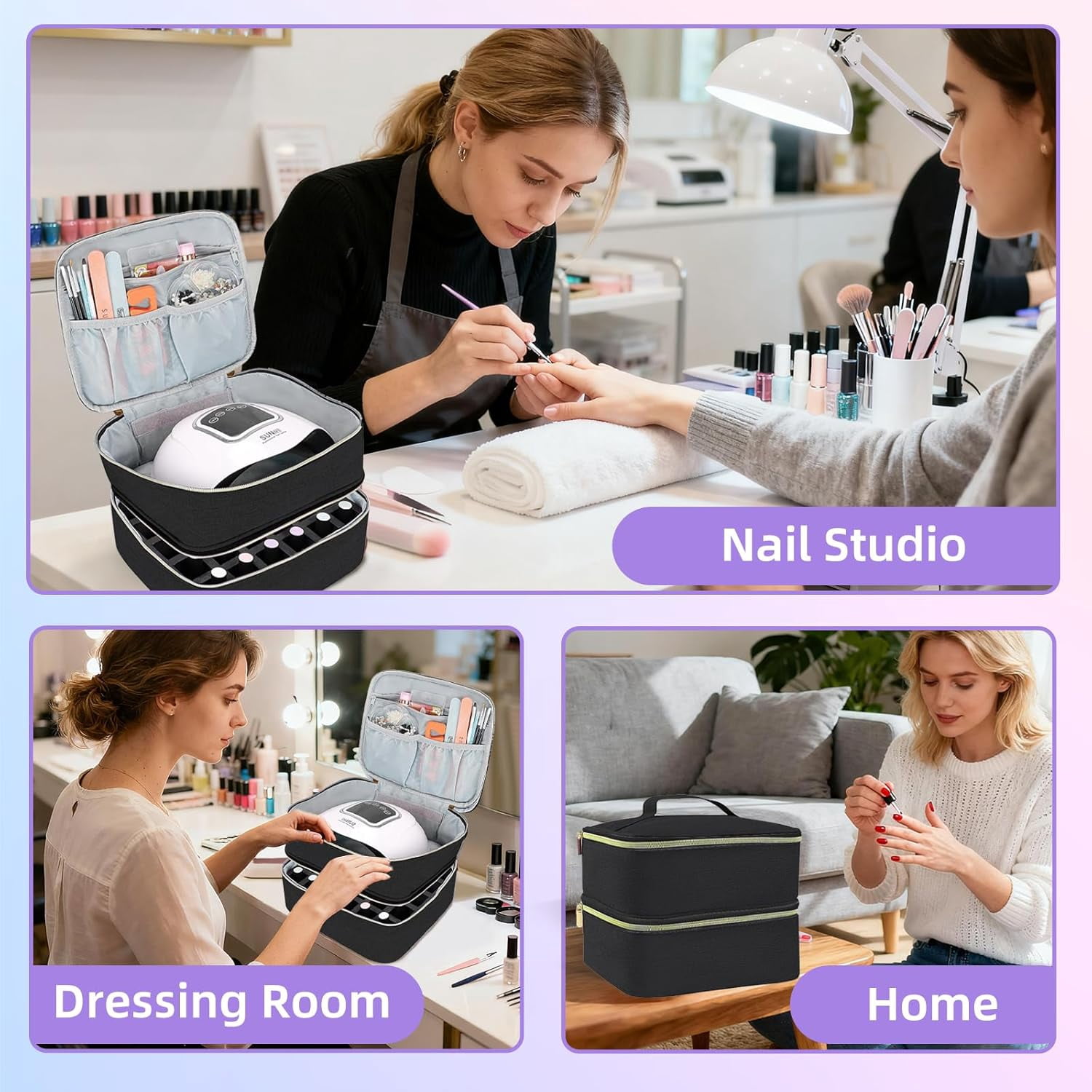 Nail Polish Organizer, Double-Layer Nail Polish Storage with Adjustable Dividers, Portable Nail Polish Bag for Nail Gel Nail Lamp and Manicure Tools Essential and Travel(Black)