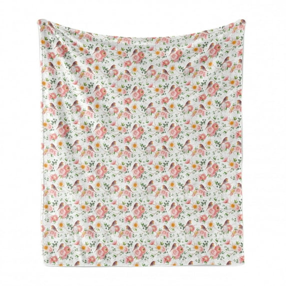 Bird Soft Flannel Fleece Throw Blanket, Print of Rose Floral Romantic Feminine Spring Pastel Tone Forest Elements, Cozy Plush for Indoor and Outdoor Use, 70" x 90", White and Multicolor, by Ambesonne