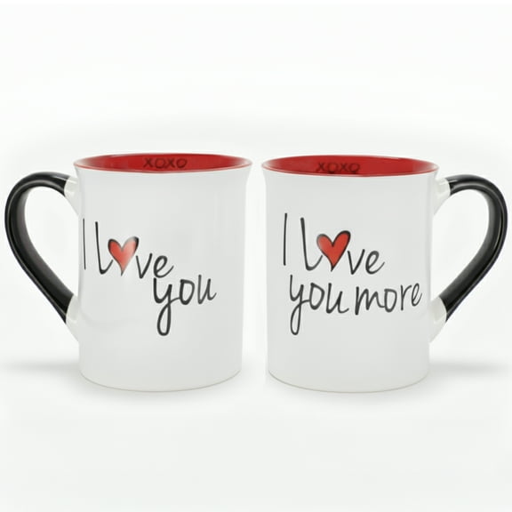 Cottage Creek I Love You & I Love You More Ceramic Couple Mug Set (16oz, White/Red/Black)