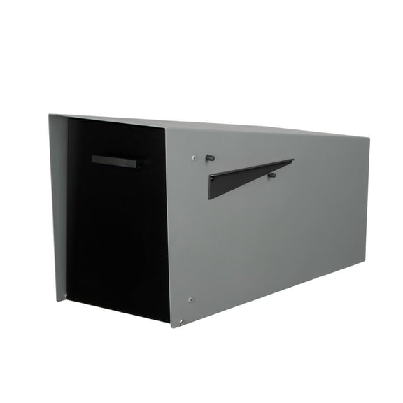 Ilyapa Modern Mailbox with Angle Design Post Mount - Gray Powder Coated Metal Mailbox with Black Door - Waterproof for Parcels, with Magnetic Door