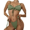 thumbnail image 3 of Gureui 3Pcs Women Split Swimsuit Set, Solid Color Sleeveless Bikini with Ruffles+Lace-up Panties+See-through Mesh Cover Ups, 3 of 8