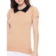 Tan & Black Short Sleeve Knit Top - Peter Pan Collar Retro - S to L
