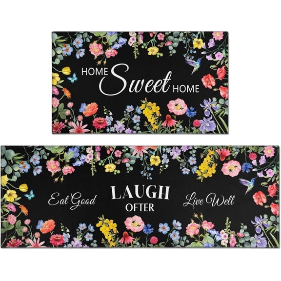 Botanical Flower Kitchen Decor Rugs Set of 2, Non Slip Washable Home Decor Farmhouse Kitchen Rugs and Mats for Floor Comfort Standing Mats for Kitchen, Sink, Laundry 17"x47" 17"x30"