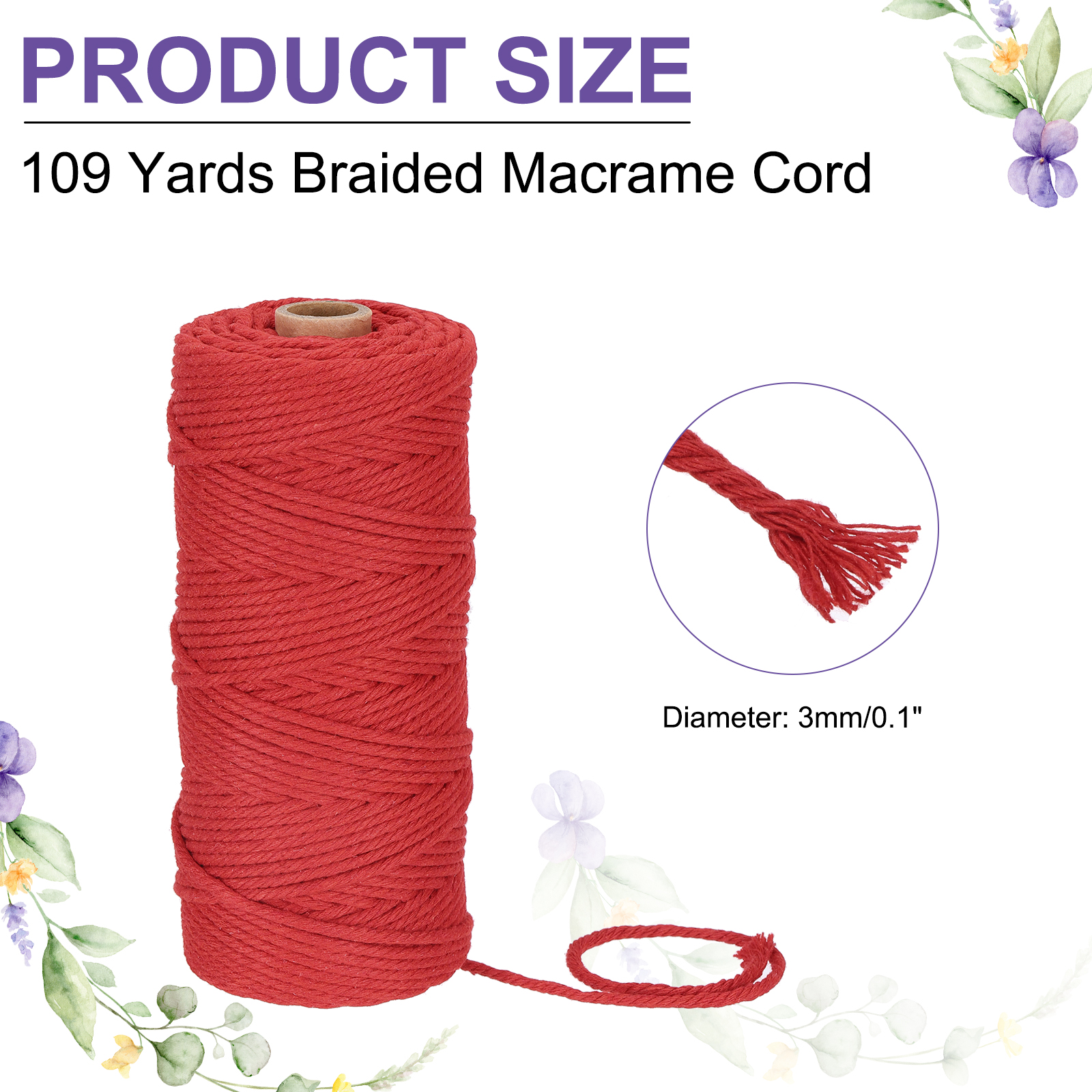 Braided Macrame Cord, 3mm x 109 Yards Natural Cotton Rope Macrame Yarn Bohemia Craft String with Scissors(Red)