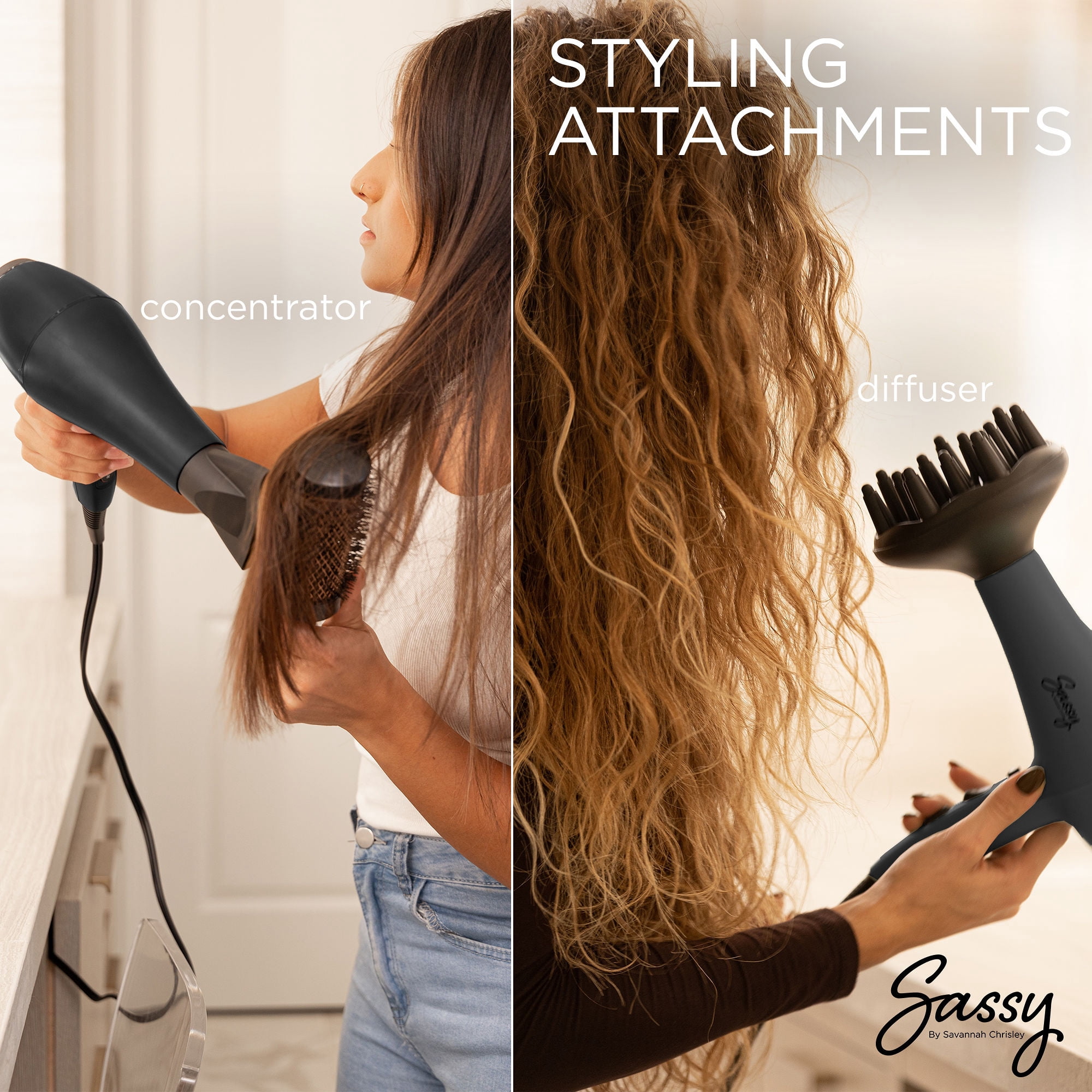 Sassy Ceramic Ion Hair Dryer, 1875-Watt Salon Dryer with Concentrator and Diffuser Black