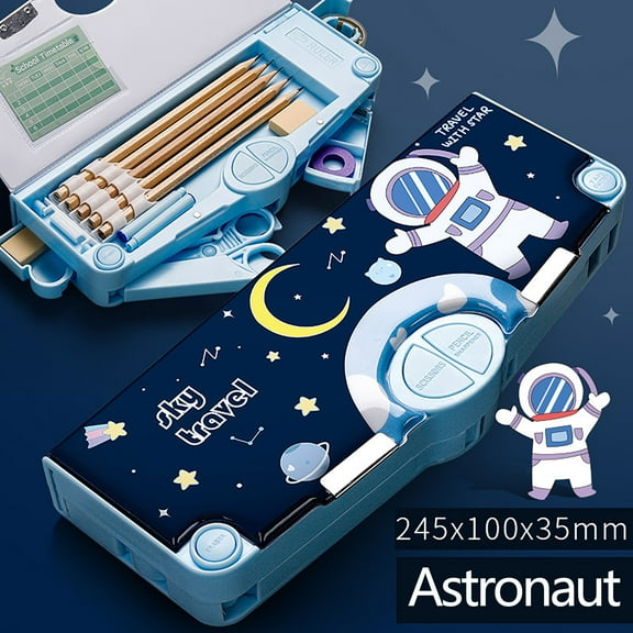PureCasa Multifunctional Stationery Storage Box, Large Capacity Student Pencil Case Creative Astronaut Pattern Deformation Personality Pencil Case, 1PC, Blue, 9.6"x4"x1.4"