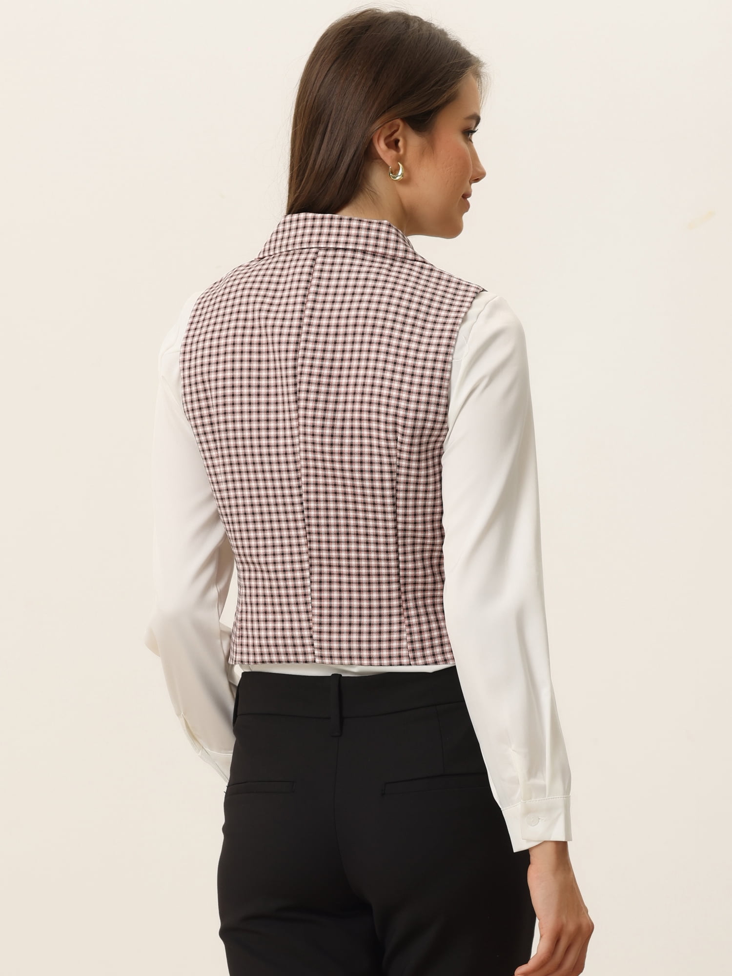 DARING DIVA Women's Plaid Waistcoat Notched Lapel Collar Vintage Vest XL Pink