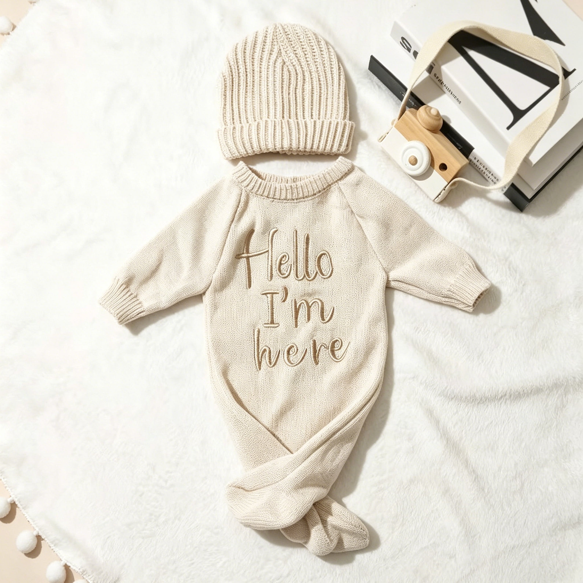 "Hello" Embroidery Knitting Onesie Newborn Birth Announcement Outfits Footed Jumpsuit Baby Boy Girl Photography Props Newborn