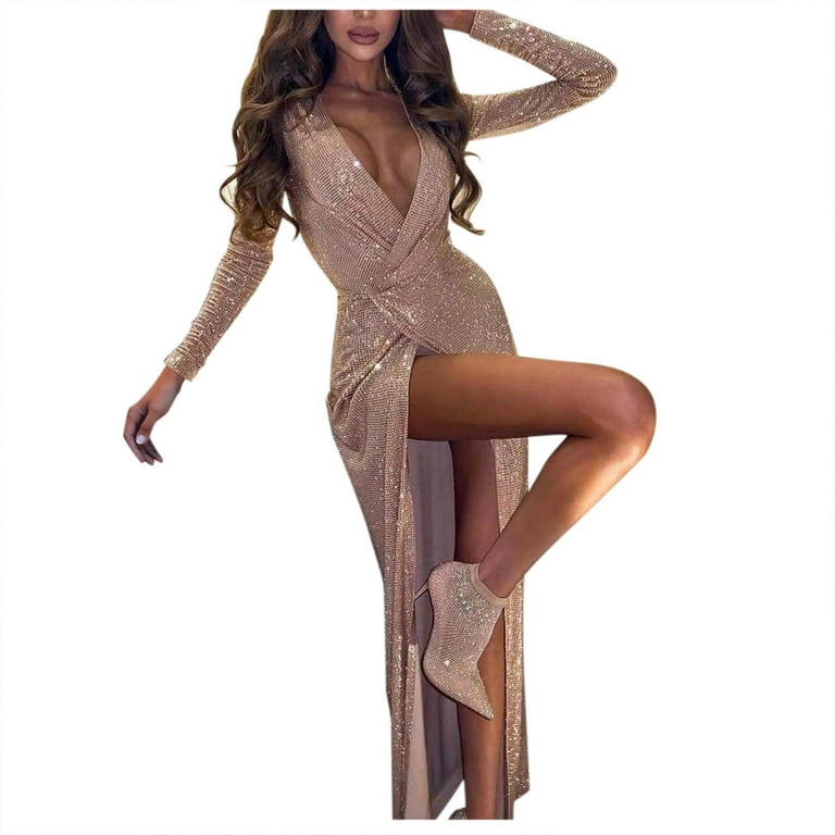 ERTUTUYI Women Sequin Party Dress High Slit Long Sleeve Ladies Classic  V-Neck Prom Dress Rose Gold M - Walmart.com