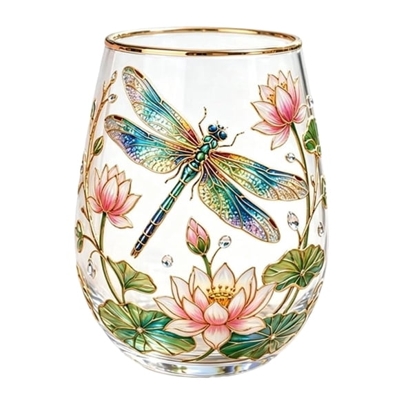 Hand Painted Dragonfly Lotus Pattern Stemless Glass Tumbler Gold Rim Elegant Clear Beverage Cup For Water Juice Home Table Decoration(Clear-11.3CM)