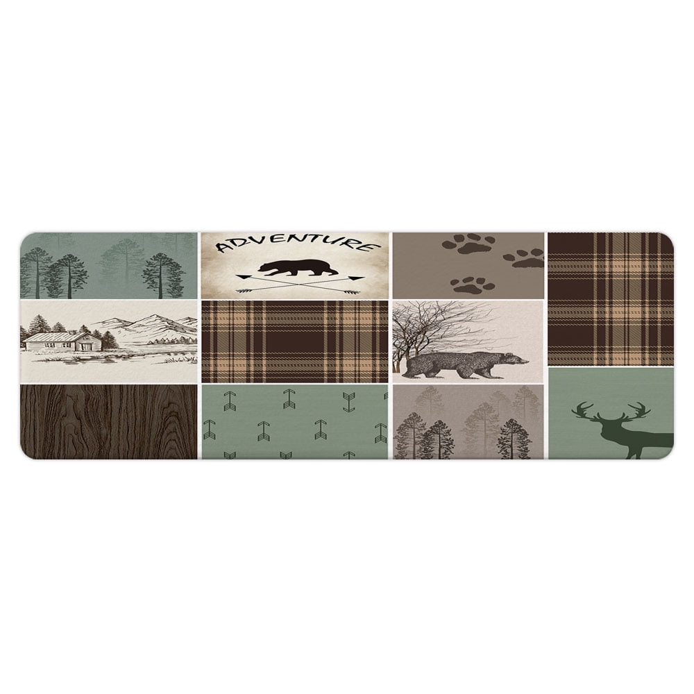 Rustic Cabin Bath Mat,Bear Deer Forest Woodland Farmhouse Brown Flannel Non Slip Mat Rug,Forest Vintage Wood Bathroom Kitchen Door Mat,16X48in