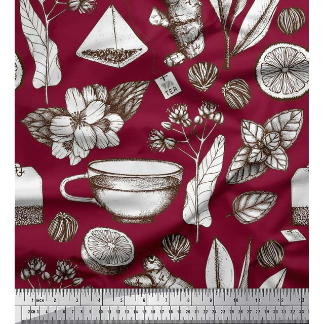 Soimoi Poly Georgette Fabric Tea Cup,Lemon Slice & Ginger Vegetable Decor Fabric Printed Yard 52 Inch Wide