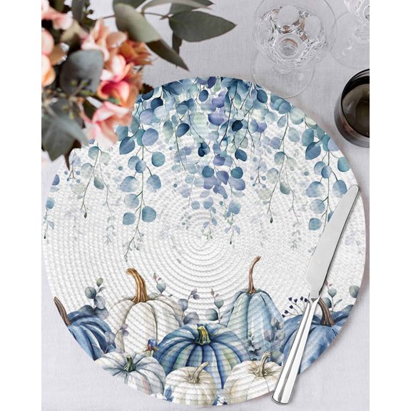 15 Inch Round Placemats Set of 4, Blue White Pumpkins Non Slip Heat Insulation PP Table Mats, Thanksgiving Fall Blue Eucalyptus Leaves Washable Place Mats for Kitchen Dining Party Table Decor