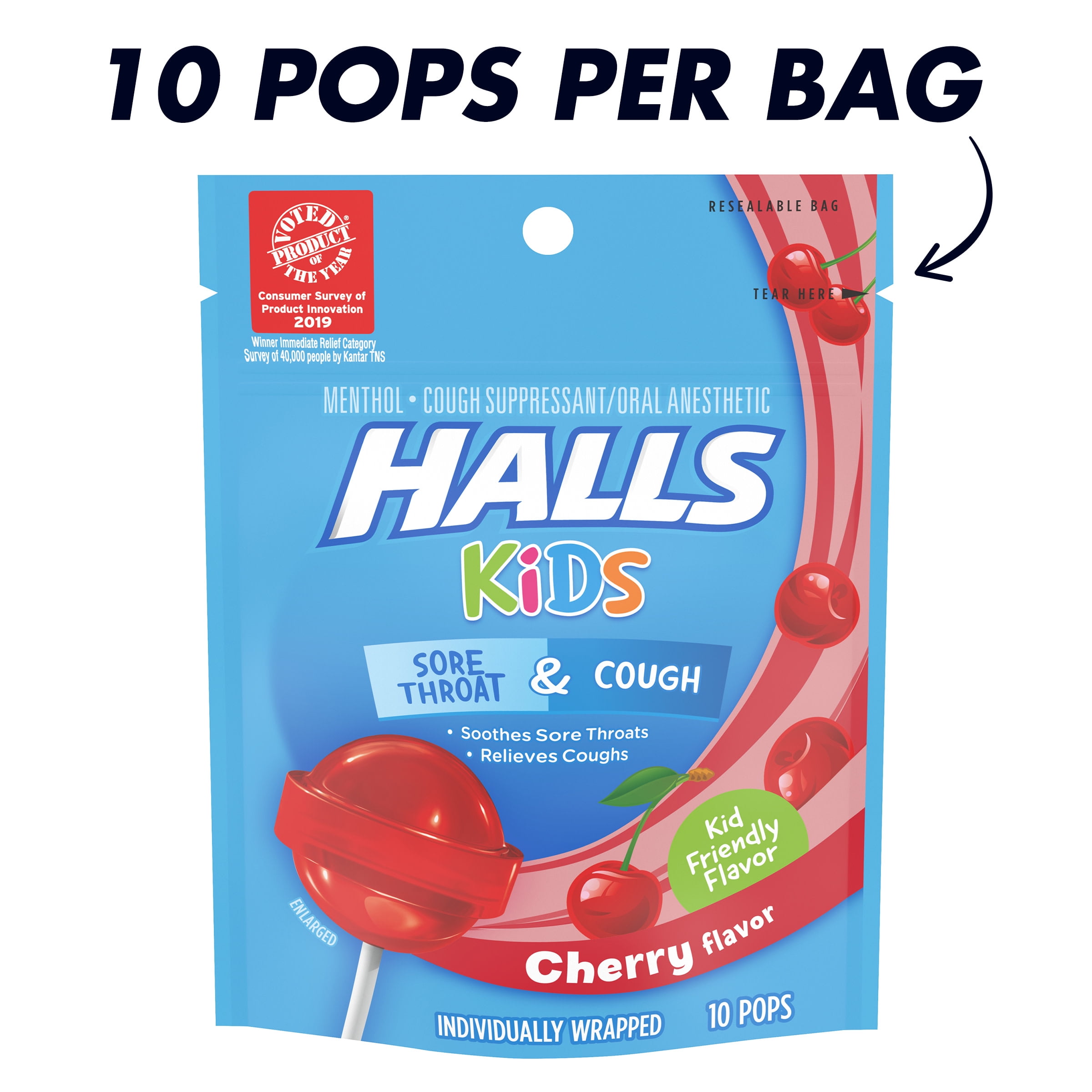 HALLS KIDS Cherry Cough and Sore Throat Pops, 10 Pops
