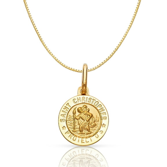 14K Yellow Gold St. Christopher Protect Us Religious Charm Pendant with 0.6mm Box Chain Necklace - 16"