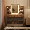 thumbnail image 6 of 41" Wide Vanity Desk with LED Lighted Mirror & Power Outlet & 6 Shelves, Makeup Vanity Table Set with Storage Stool and 2 Drawers, Rustic Brown, 6 of 6