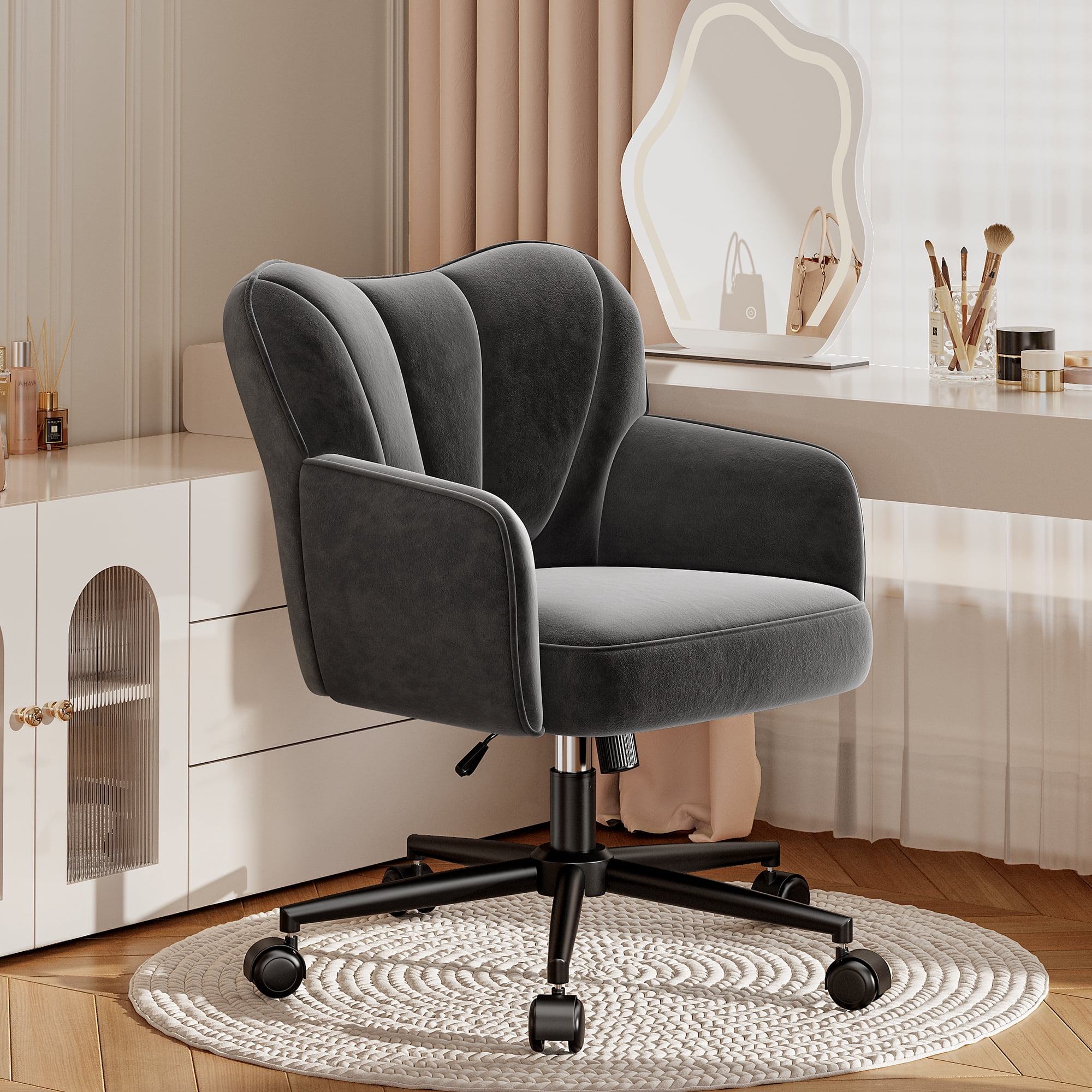 Romorgniz Vanity Chair with Wheels & Back Desk Chair Adjustable Height for Makeup, Work & Relaxation, Black