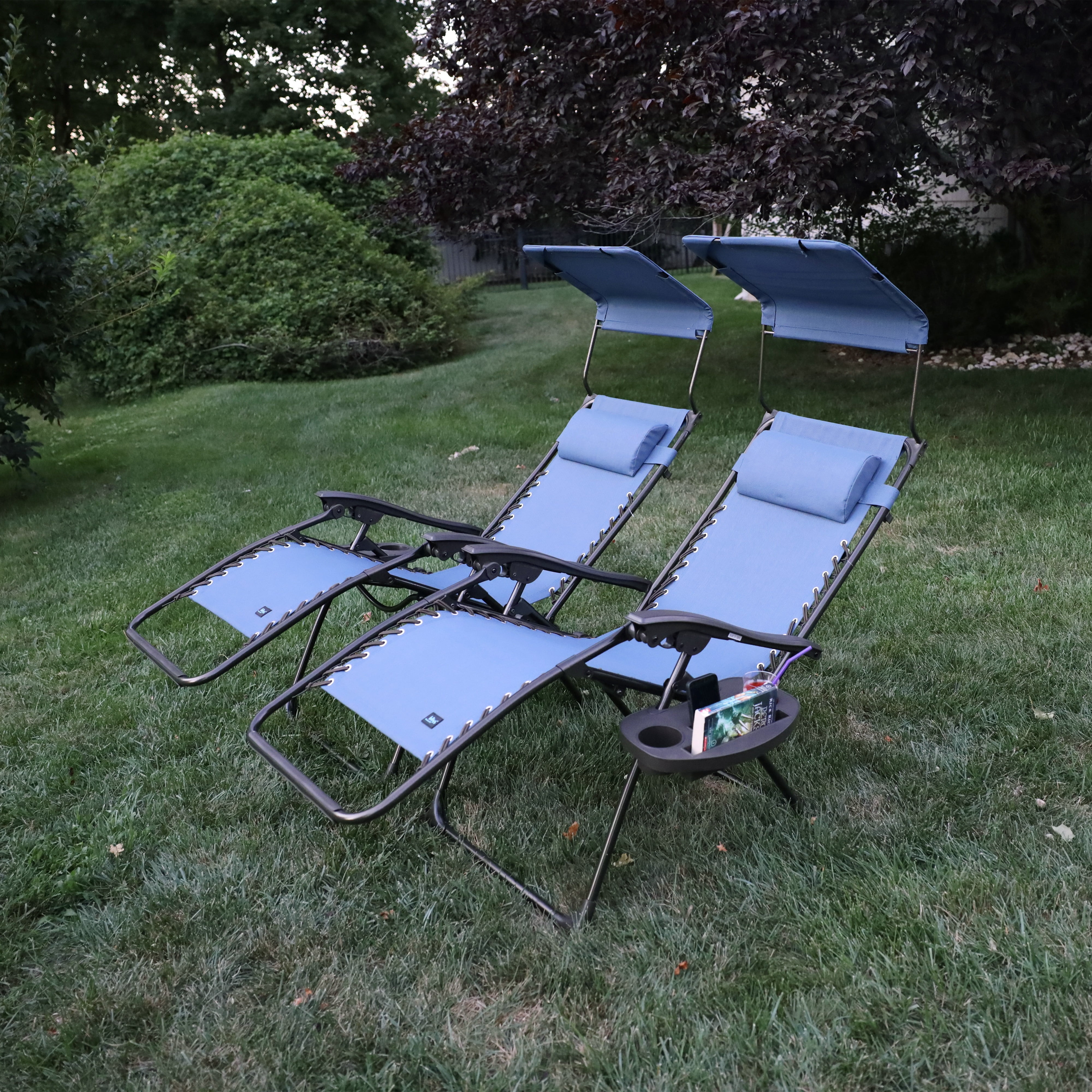 Bliss Hammocks Set of 2 Gravity Free Chairs W/ Canopy, Drink Tray, and Pillow, 26-in. Wide, Weather & Rust Resistant, 300 lb. Capacity (Denim Blue)