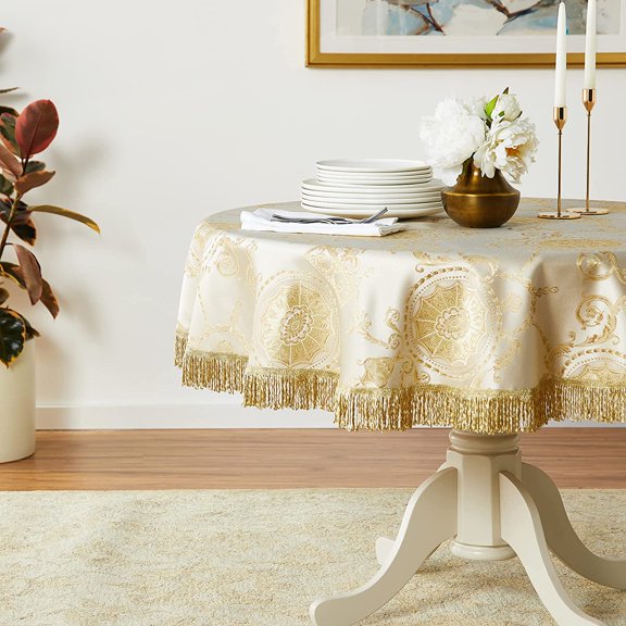 Prestige Damask Design Tablecloth Beige 60" Round