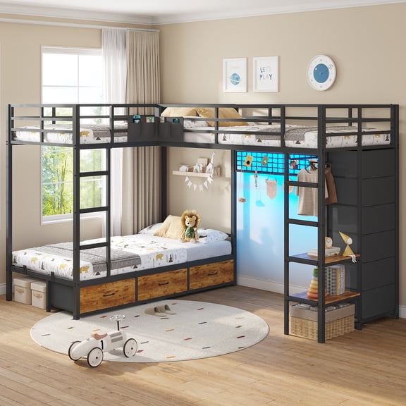 Triple Bunk Bed with 9 Storage Drawers and LED Lights, Twin Over Twin Size Metal Bunk Beds with Open Shelves, Pegboard, Bedside Caddy, L-shaped Triple Bunk Bed for 3 Teens, Black